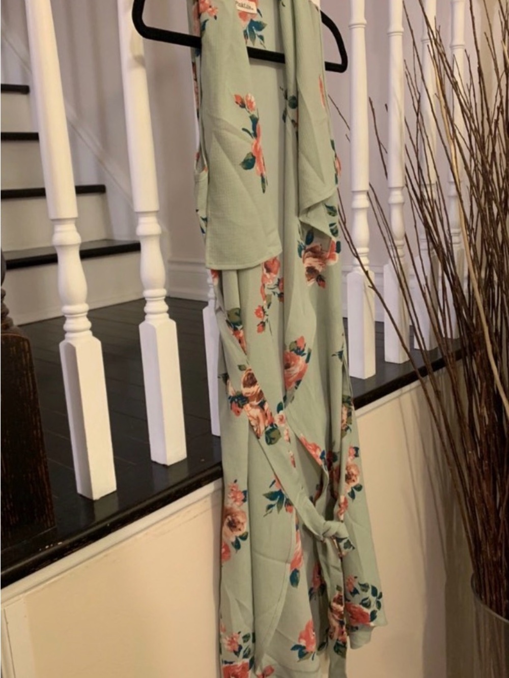 Mint Green Floral Women's Long Vest Coverup with Waist Tie